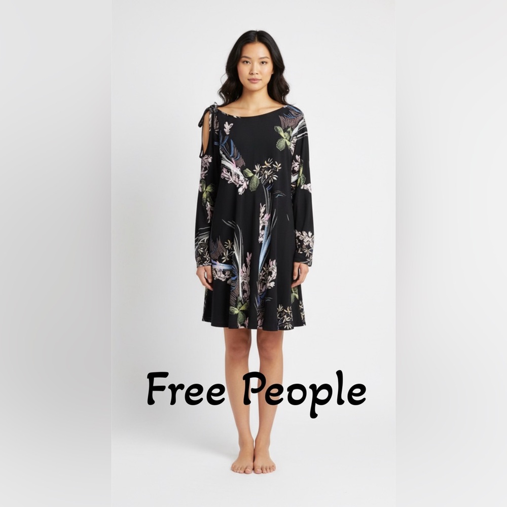 NWT- Free People Women’s Boho Black Floral Swing Dress Size Small
